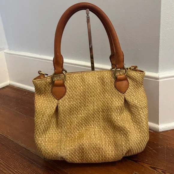 J.Crew Berkeley Small Shoulder Top Handle Straw Leather Bag Beige - Picture 3 of 12